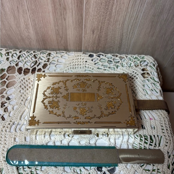 Vintage Ornate Gold and Silver Compact Wristlet Mirror Comb and Lipstick Holder